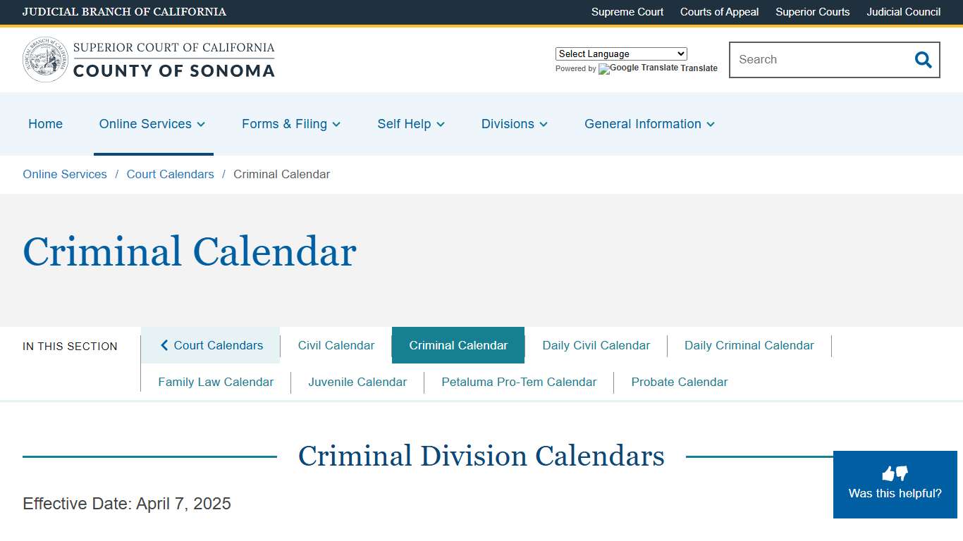 Criminal Calendar Superior Court of California County of Sonoma